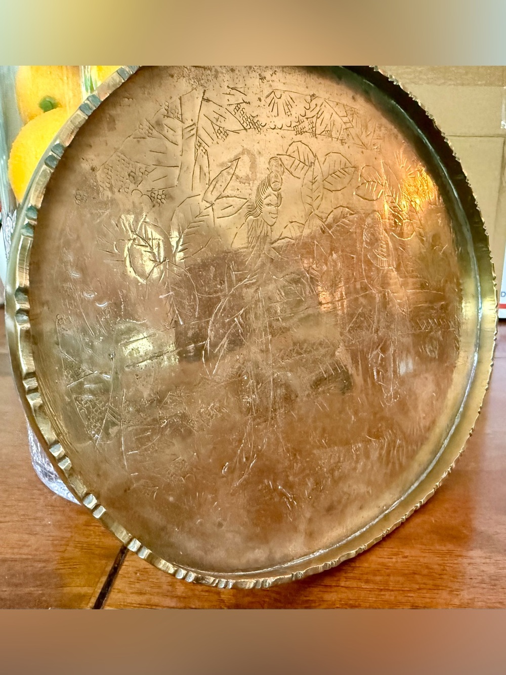 Antique Chinoiserie Engraved Brass Oval Tray Patina Gold Tone Scalloped